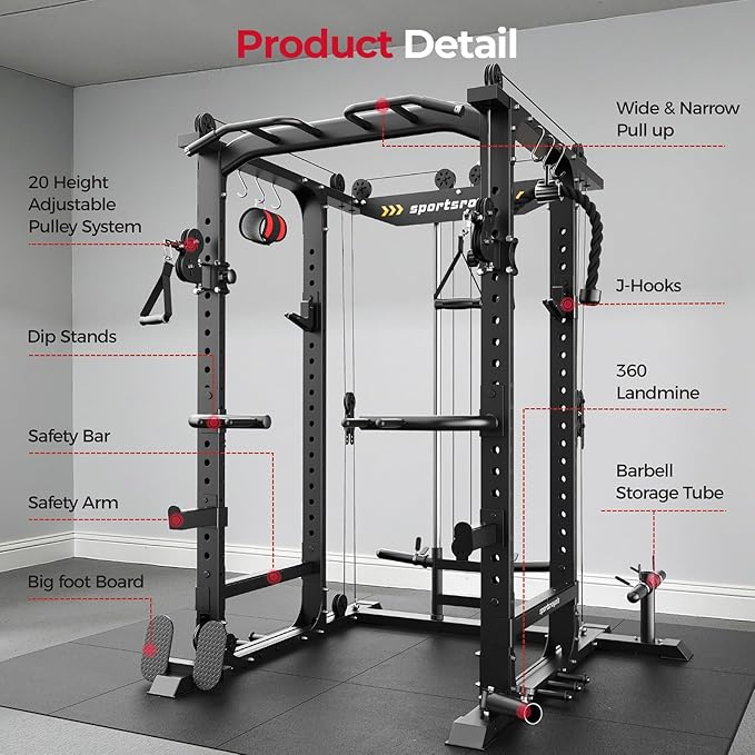 Sportsroyals Squat Rack, LAT Power Cage, Power Rack Multi-Function with Pulley System and Training Attachments for Home Gym