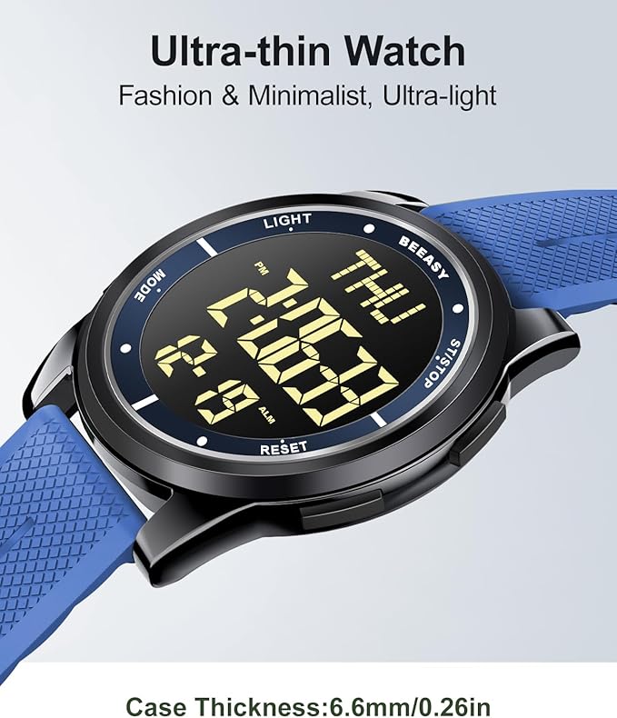 Beeasy Digital Watch for Men Women, 50M Waterproof, Ultra-Thin & Lightweight, 44mm Silicone Sports Watch with Alarm, Stopwatch, Countdown, Ideal for Gym, Running, School, Daily Wear