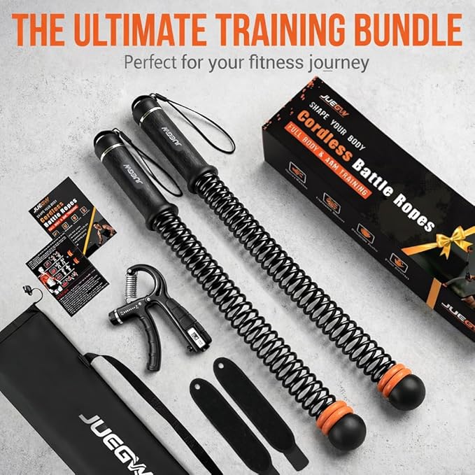 Cordless Battle Ropes for Home Workout – Ropeless Adjustable HIIT & Strength Training Kit with Hand Gripper & Wrist Wraps – Portable Full Body Fitness Equipment for Small Spaces
