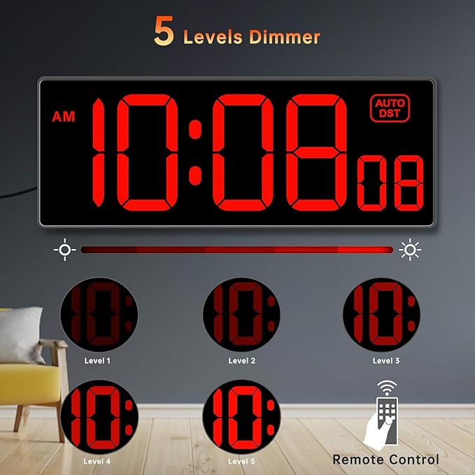 Soobest Digital Wall Clock with Seconds for Gym, Remote Countdown Timer Large LED Display 5 Dimmer (10.2" Red)