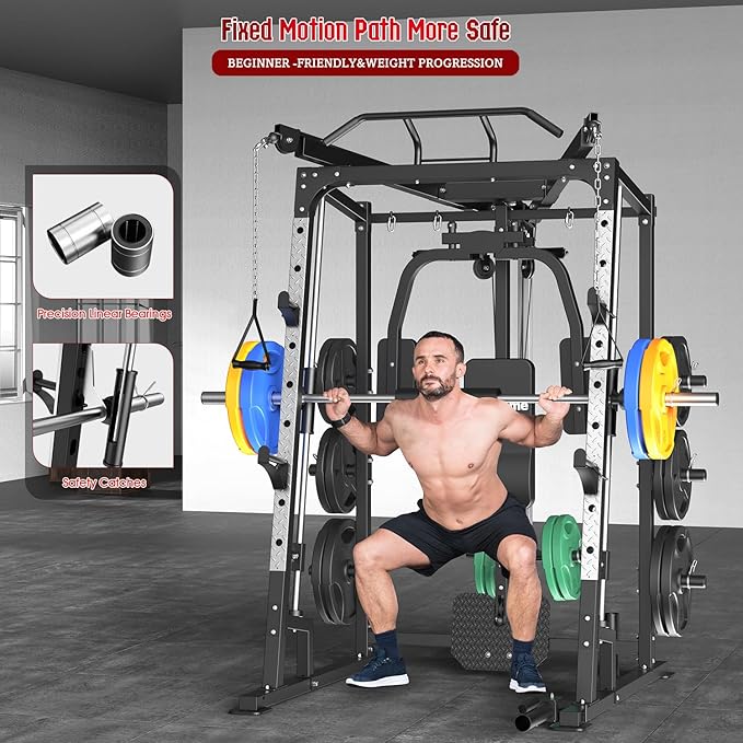 SunHome Smith Machine, Power Cage Squat Rack with Smith Bar, LAT Pull-Down Systems, Cable Crossover Machine and Cable Attachment for Home Gym