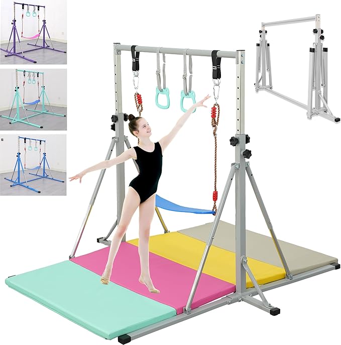 Foldable Gymnastics Bar,5FT Horizontal bar,Adjustable Kids Training bar for Kids Ages 3-15,Kids Gymnastics bar,Triangle Stable Structure-Gym Equipment for Home