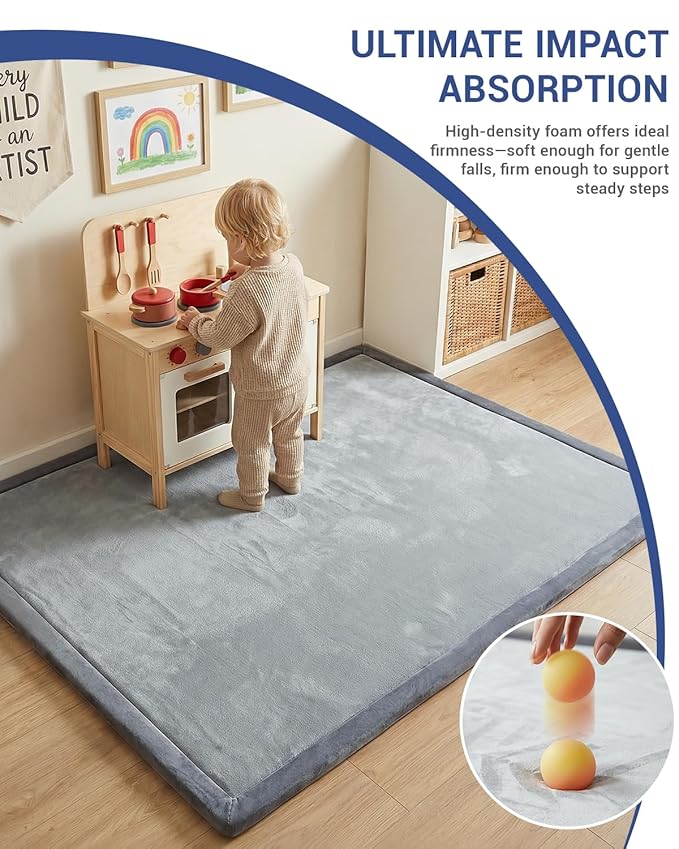 Baby Play Mat for Floor,1.3" Thick 50x50 Playpen Mat,Tummy Time Foam Mats,Plush Soft Padded Playmate for Babies 6-12 Months Crawling,Non-Slip Nursery Rug for Toddler Kids Playroom(Grey)