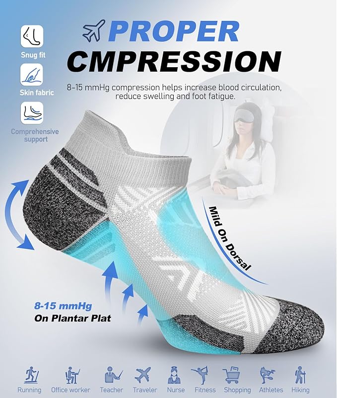 Cushioned Cotton Ankle Compression Socks for Men Women 6 Pairs Wicking Low Cut Arch Support Plantar Fasciitis Socks