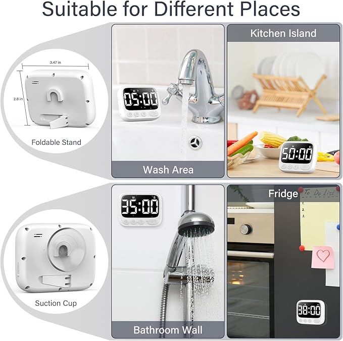 HAUKINIX Shower Timer Waterproof Bathroom Toilet Timer Digital Kitchen for Wall Mount, Study w/Foldable Stand, Countdown Stopwatch w/Suction Cup for Swim, Rechargeable, White