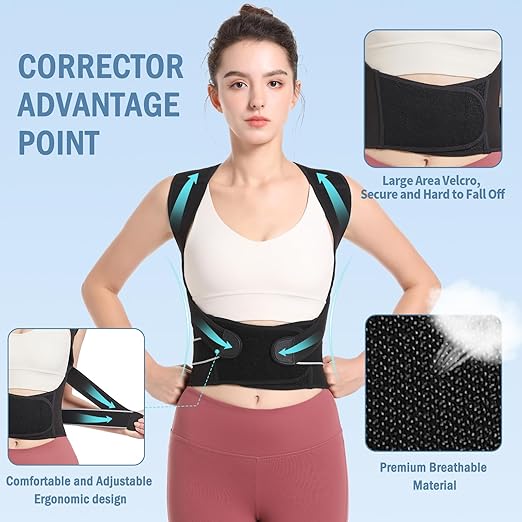 Posture Corrector,Suitable for Men and Women Upper and Lower Back Pain Relief - Scoliosis, Hunchback, Eicgo Adjustable Posture Corrector belt,Comfortable and Breathable Back Straightener (Black, Small)