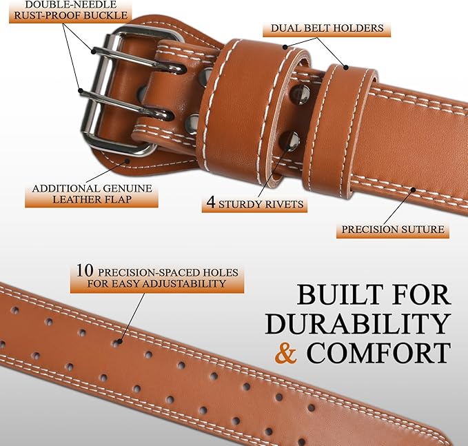 7mm Genuine Leather Weightlifting Belt, 4”& 6”Width, Double Prong Power Belt for Gym Bodybuilding, weightlifting, powerlifting, squats and deadlifts
