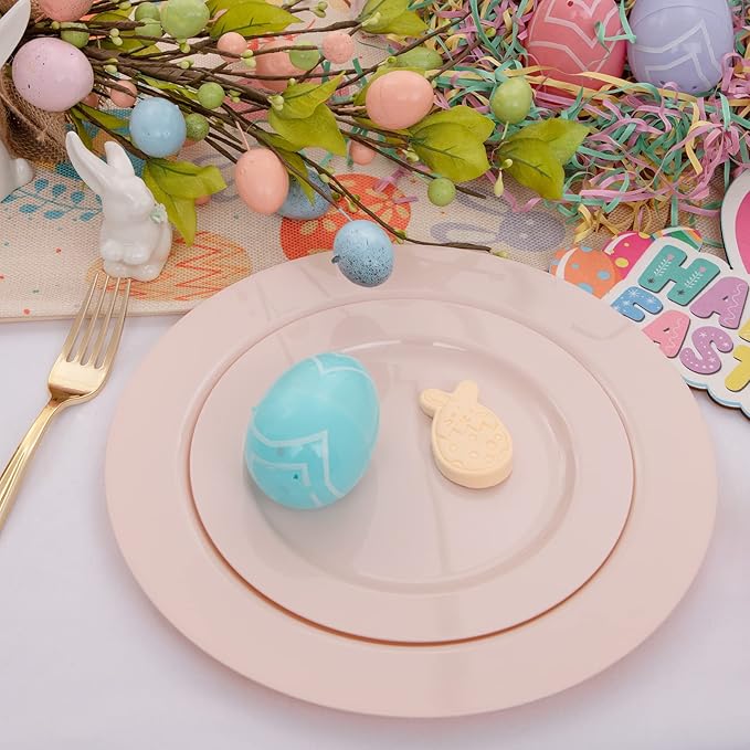 FLOWERCAT 60PCS Pink Plastic Plates - Heavy Duty Pink Plates Disposable for Easter Party&Mother's Day/Wedding - serving 30 guests Include 30PCS 10.25inch & 30PCS 7.5inch
