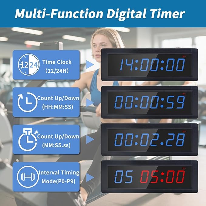 Gym Timer Clock with Remote Control & Push Button,7 RGB Color, Programmable Interval Timer, Countdown/Up Stopwatch,Wall Clock for Home Gym Garage,Portable Training Accessories(Battery+Stand)