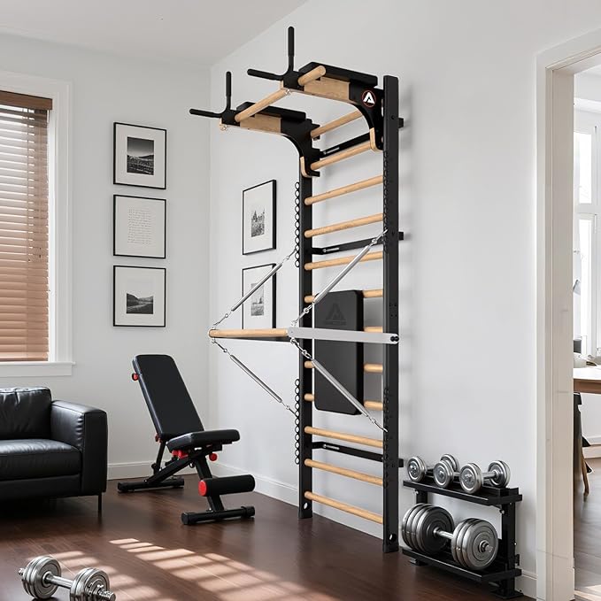 Swedish Ladder Pro, Wood Stall Bar with Push-Through Bar, Adjustable Pull-Up Dip Bar for Adults and Kids, Accessories Bundle, Spring, for Home, School, Physical Therapy and Gymnastics