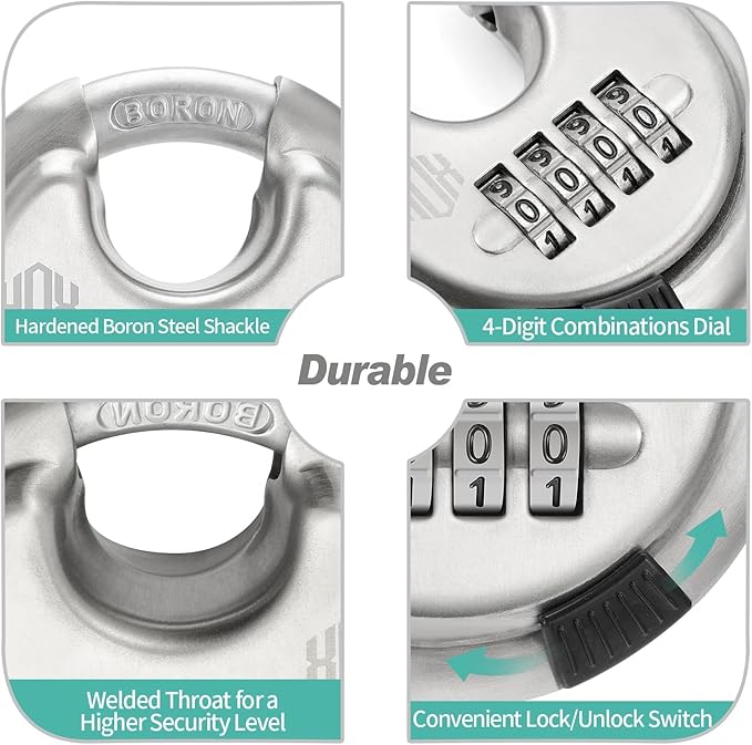 HOX Boron Shackle Combination Disc Lock, 70mm Stainless Steel Body, Heavy-Duty Weather-Resistant and Anti-Cut Padlock for Storage Units, Garages, Sliding Doors, and Cabinets (6 Pack)