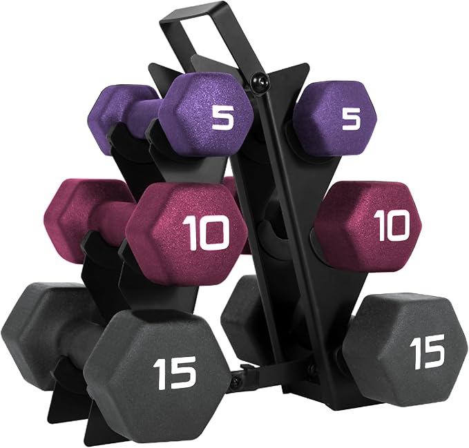 CAP Barbell 60 lb Neoprene Hex Dumbbell Weight Set with Vertical A-Frame Rack - Color Series