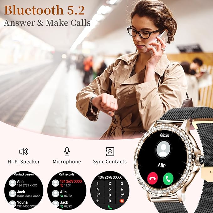 Smart Watches for Women (Answer/Make Calls), 1.3” Fitness Tracker Watch with Heart Rate/Blood Pressure/SpO2/Sleep Monitor, IP68 Waterproof Smart Watch for Android Phones and iPhone - Rose Gold Black