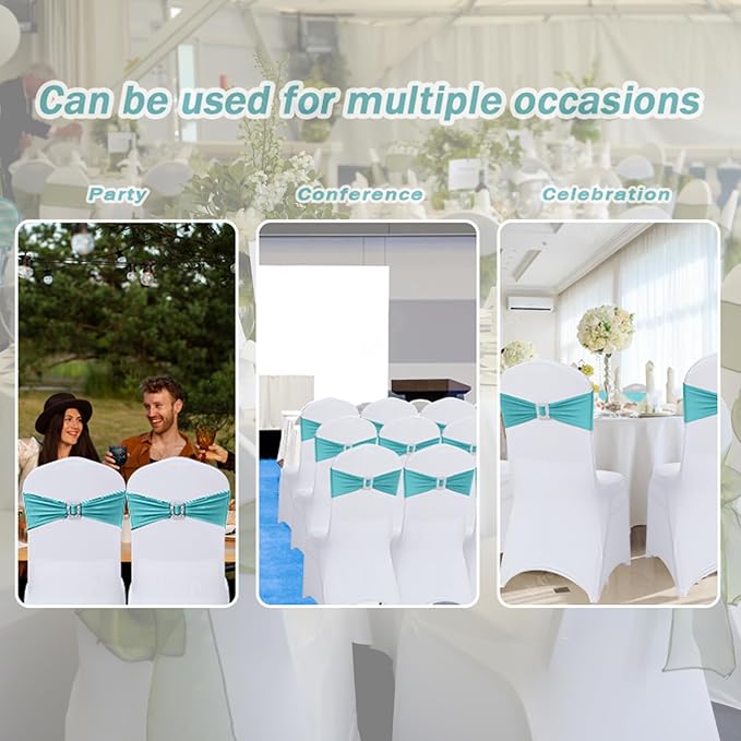 Joccun 60 PCS Spandex Chair Sashes Bows Stretch Chair Cover Band with Buckle Slider Universal Elastic Chair Ties for Wedding Banquet Party Event Decoration (Turquoise)