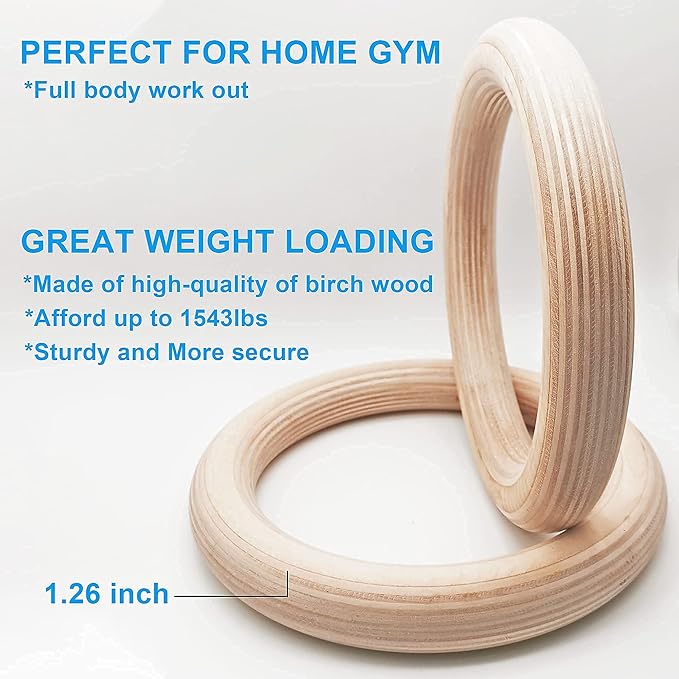 Wood Gymnastic Rings with Adjustable Number Suspension Trainer Straps with Cam Buckle 15ft Olympic Rings 32/28mm Heavy Duty 1543/992lbs for Pull Up Bar Workout Exercise Gym Hanging Rings Indoor