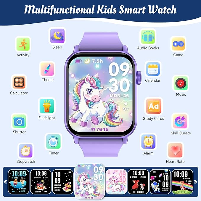 Smart Watch for Kids, 12 Puzzle Games HD Touch Screen Watches, Step Counter, Heart Rate/Sleep Monitor, Flashlight, Music Player,12/24 hr Educational Toys Birthday Gifts for Girls Ages 6-12 (Purple)
