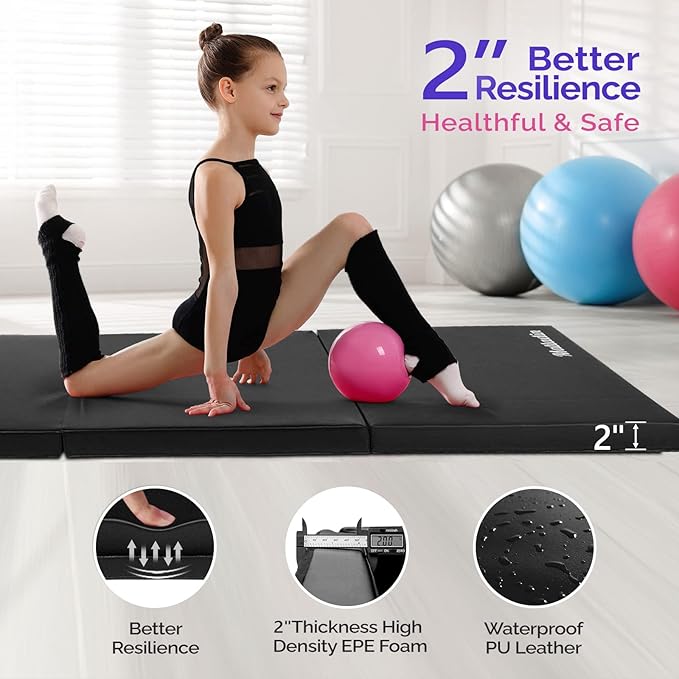 Matladin 6' Folding Tri-fold Gymnastics Gym Exercise Aerobics Mat, 6ft x 2ft x 2in PU Leather Tumbling Mats with Hook & Loop Fastener for Stretching Yoga Cheerleading Martial Arts