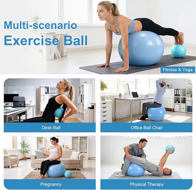 4Pcs Yoga Ball Set includes Large and 9in Pilates Balls, Massage & Spiky Ball for Fitness ,Anti-Burst Exercise Ball with Pumb for Pregnancy,Physical Therapy,Office Chair, Home Workout,3Sizes,3Colors