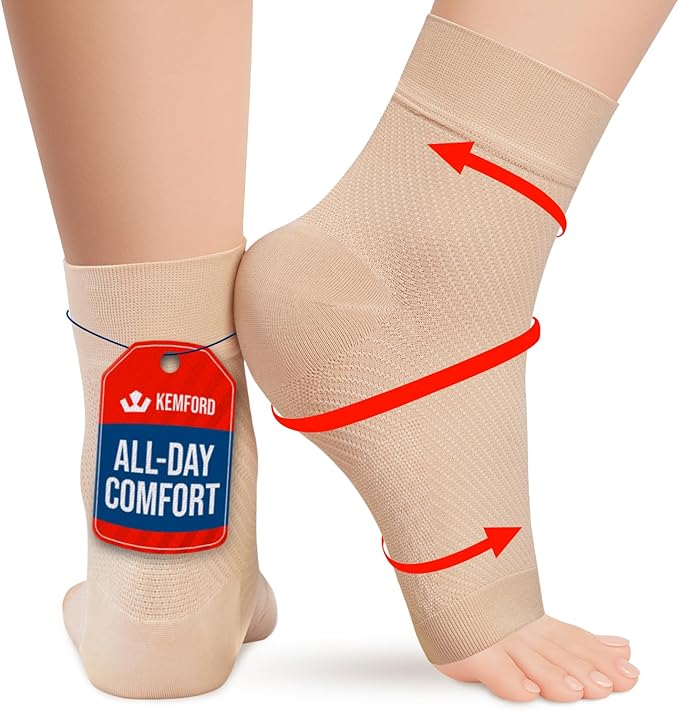 KEMFORD Ankle Compression Sleeve - 1-Pair, Plantar Fasciitis Braces - Open Toe Compression Socks for Swelling, Sprain, Neuropathy, Arch Support for Men and Women