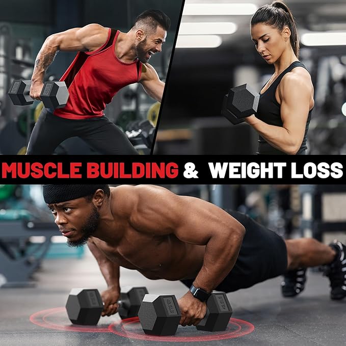 PAPABABE Hex Dumbbell Set with Rubber Grip 2.5-125lb, Odorless Rubber Coated Weight Fixed Dumbbells Set of 2, Weights for Women at Home, Hand Weights for Home Gym & Strength Training,Pesas Para Ejercicios