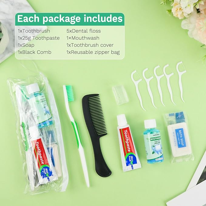 10 Set Personal Care Travel Toiletries Sets Bulk,8-IN-1 Disposable Toothbrushes with Toothpaste and Floss,Mouthwash,Comb,Soap,Cover,Zip Bag Toiletry Travel Toothbrush Kit for Homeless,Hotel,Charity