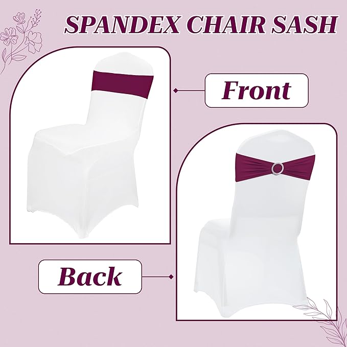 VDS - Eggplant | Spandex Chair Sashes Bows | 100 PCS | Stretch Elastic Banquet Universal Folding Chair Band Tie with Silver Buckle Slider for Wedding Party Conference Celebration Event Decoration
