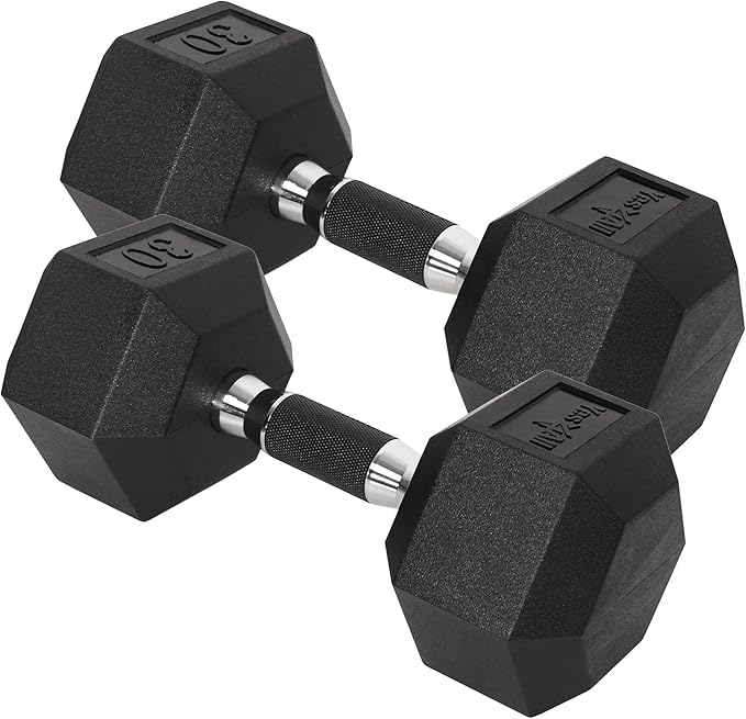 Yes4All Chrome/Rubber Grip Encased Hex Dumbbells – Hand Weights With Anti-Slip 10-30 LBS Pair