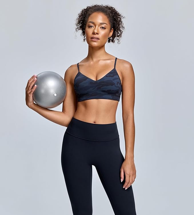 Oalka V Neck Sports Bra for Women Adjustable Padded Thin Straps Wireless Yoga Bras