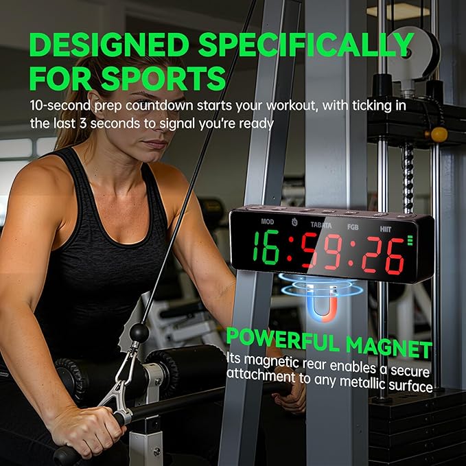 Small Gym Timer Clock with Magnet, Rechargeable Workout Interval Timer for FGB-Style & HIIT, Count Up/Down Stopwatch, Custom Modes, Portable Fitness Clock for Boxing, Home Garage Gyms, Indoor Outdoor
