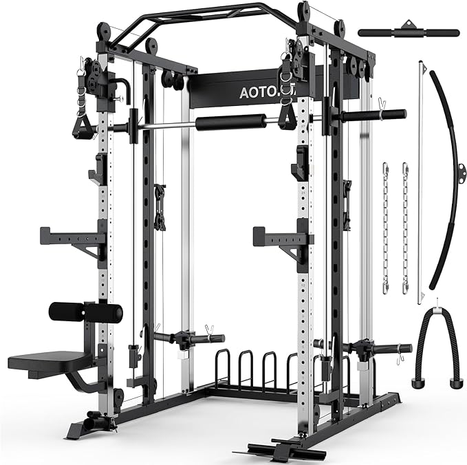 Smith Machine Strength Training Squat Rack with Smith Bar, Power Cage with LAT Pull-Down Systems, Cable Crossover Machine for Home Gym