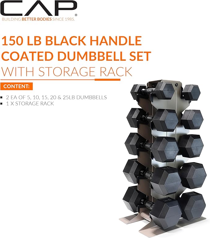 CAP Barbell Rubber Coated Hex Dumbbell Set with Vertical Rack | 100-300 lbs Free Weights Dumbbells Set for Home Gym | Multiple Options