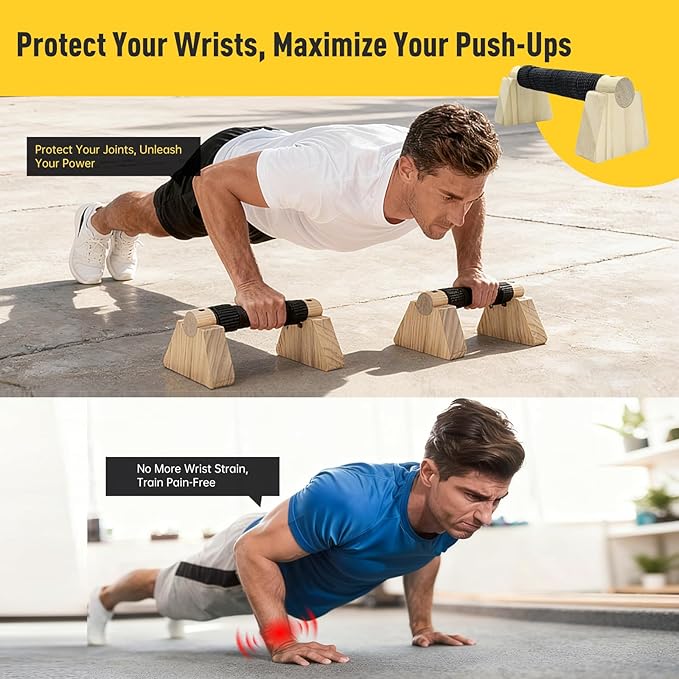Push-up Stand, Wooden Parallettes Bars for Handstand Training, Solid Push Up Bars & Calisthenics Bar, with Non-Slip strap, Exercise Home Workout Equipment for Men Strength Training