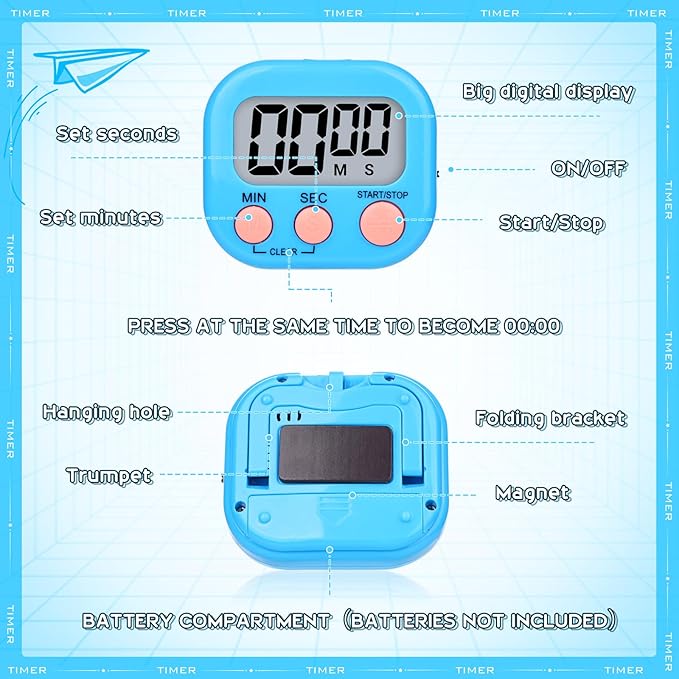 Mwellewm Digital Timers for Classroom Kitchen Timers for Cooking Small Magnetic Stopwatch Mini Countdown Loud Alarm Stop for Study Work Baking Sports Games Office(Pink, Blue, Green, Orange, 12Pcs)