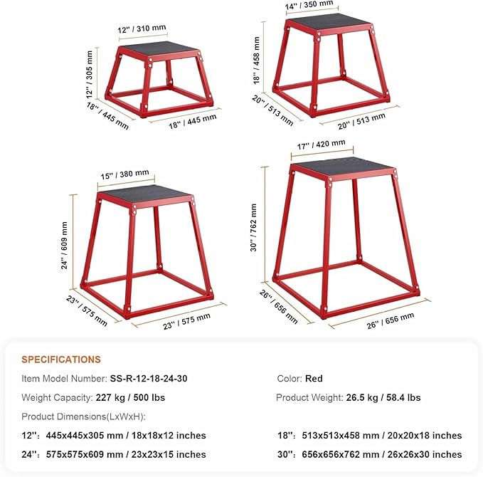 Plyometric Jump Boxes 12/18/24/30 Inch Set, Fitness Platform, Agility Box for Gym, Step Up Box for Strength Training, Conditioning - Red, 4-Piece