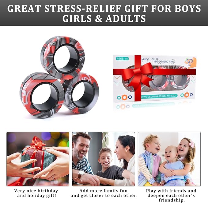 Cevioce Easter Basket Stuffers for Teens Boys Girls 3Pcs Magnetic Rings Fidget Toy Set, ADHD Anxiety Magnetic Fidget Toys Adults Fidget Spinner Rings for Relief, Easter Gifts for Kids 8+ Year Old B