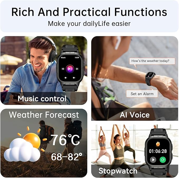 Smart Watch for Men Fitness Tracker: Make/Answer Call Military Smart Watches for Men Digital Watches Heart Rate Monitor Waterproof Running Smartwatch Android Phones iPhone Samsung Compatible 2 Bands