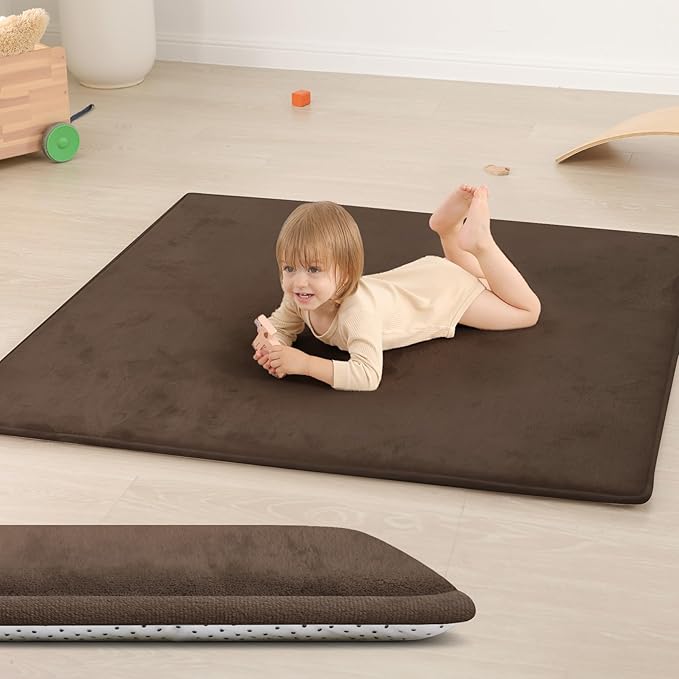 Huloo Sleep Baby Play Mat for Floor,1.3" Thick Elasti-Foam 50"×50" Playpen Mat for Tummy Time,Water Repellent Soft Coral Velvet for Toddler,Infant,Kids,Non-Slip Backing Safe for Crawling(Dark Brown)