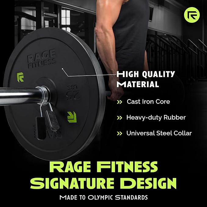 Rage Fitness Olympic Bumper Plates – Rubber-Coated Weight Plates with Steel Insert for Strength Training & Home or Commercial Gyms (10–45 lb, Sold Individually)