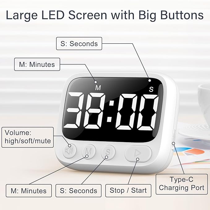 HAUKINIX Shower Timer Waterproof Bathroom Toilet Timer Digital Kitchen for Wall Mount, Study w/Foldable Stand, Countdown Stopwatch w/Suction Cup for Swim, Rechargeable, White
