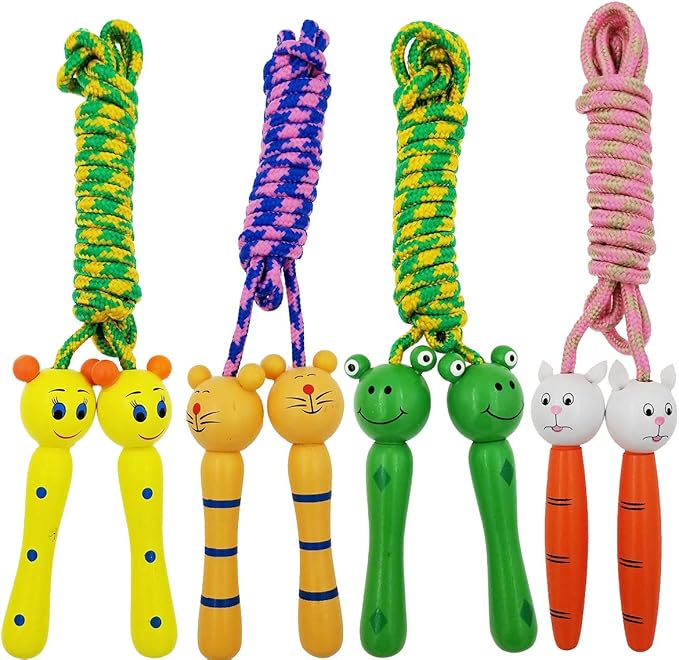 4 Pack Jump Rope with Wood Handles for Kids - Skipping Rope Great for Children and Students Outdoor Fun Activity, Party Favor, Recreation and fitness Keeping Fit.