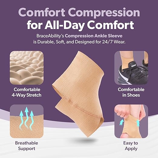 BraceAbility Elastic Ankle Support Brace - Lightweight Slip on Foot and Ankle Compression Sleeve for Gymnastics, Dance, Sports, Running, Exercise, and Sprained Ankle Swelling for Women and Men (Beige, 2XL)