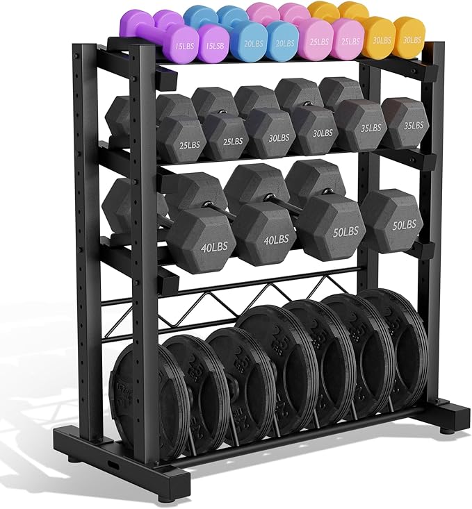 Upgraded 4-Tier Dumbbell Rack, 1100LBS Weight Rack for Home Gym, Barbell Holder Bumper Plate Storage Rack with Adjustable Height & Width Design, Heavy Duty Weight Storage Organizer (Rack Only)