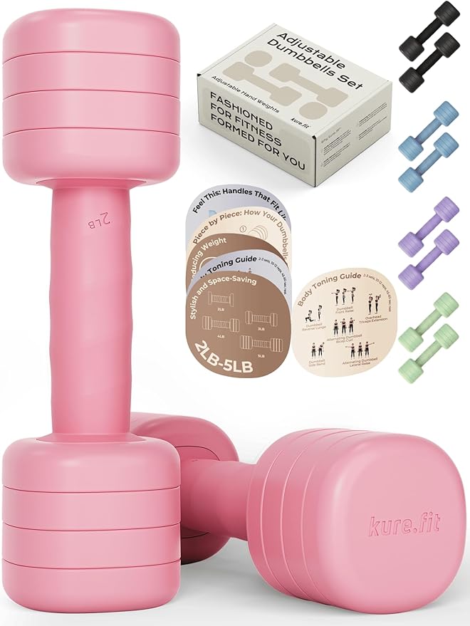 Adjustable Dumbbell Set｜2LB 3LB 4LB 5LB Light Hand Weights for Women｜One-Twist Weight Adjustment｜Non-Slip Curved Grip Handle｜Free Weights for Home Gym, Rehab, Pilates, Yoga, Strength Training