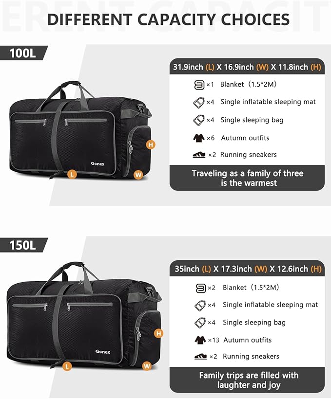 Gonex Large Foldable Travel Duffle Bag with Shoes Compartment, Packable Lightweight Water Repellent Duffel Bag for Camping Gym Weekender Bag