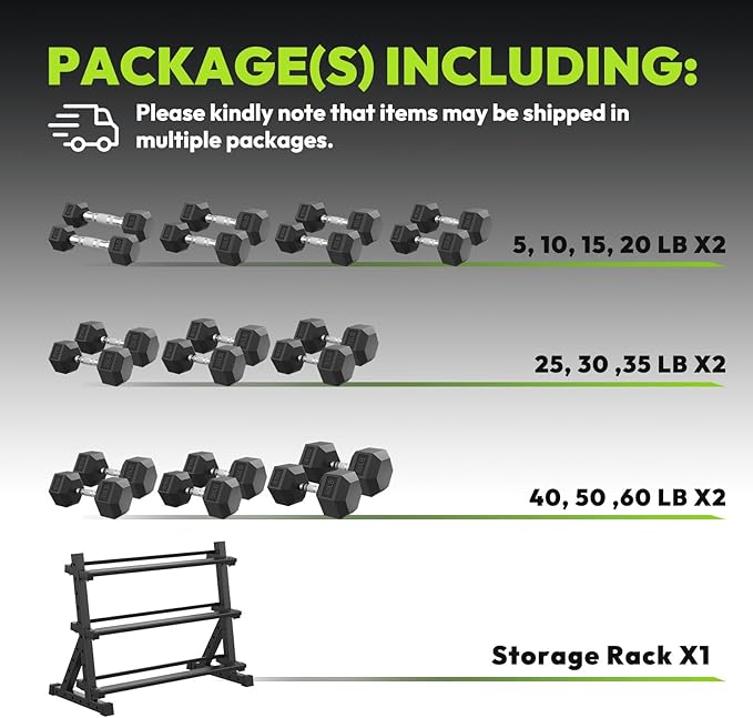 HANDBODE Hex Dumbbell Set with Rack, 300-840 lb Rubber Coated Fixed Weights Sets with Heavy Duty Storage Stand, Hexagon Shape for Stable Placement, Home Gym Equipment for Strength Training