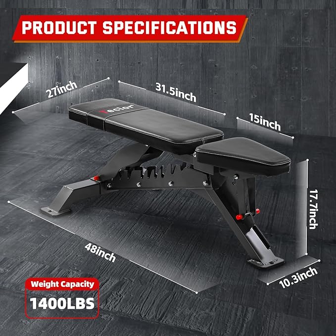 Commercial Adjustable Weight Bench with 1400LB Capacity for Home Gym, Flat/Incline/Decline Bench - Bench Press 2.2" Thick Pad,Black