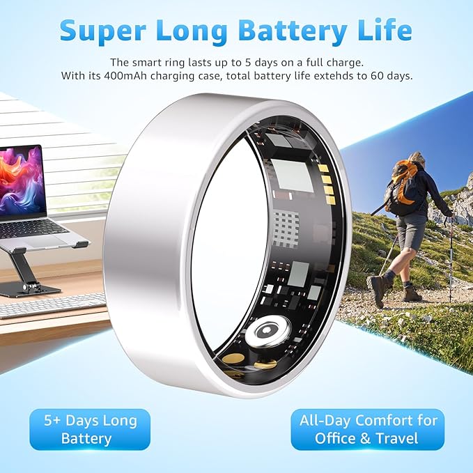 Smart Ring Health Tracker for Women & Men, Fitness Ring with Heart Rate Blood Oxygen, Sleep monitor, Step Tracker, IP68 Waterproof Compatible with iOS & Android, No Subscription Fee (Silver, 6)