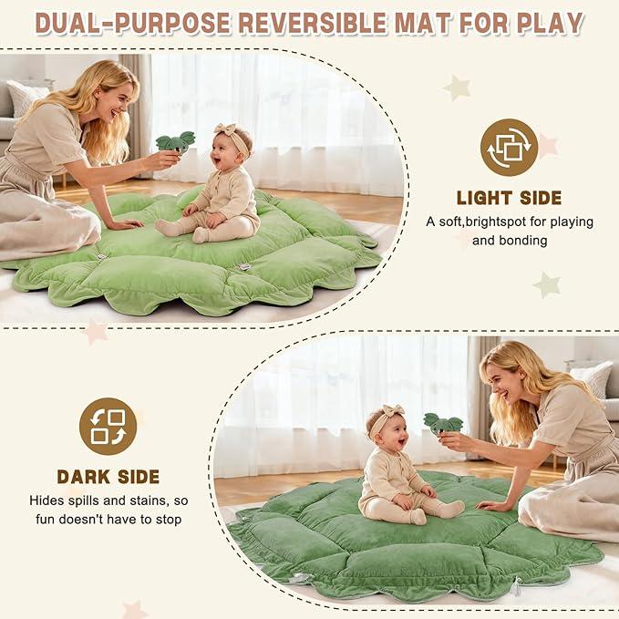 5-in-1 Baby Activity Gym & Play Mat with 6 Hanging Toys, Tummy Time Mat & Cards - Extra Large, Reversible Machine Washable Pad - Gift for Newborns, Infants 0-12 Months, Green