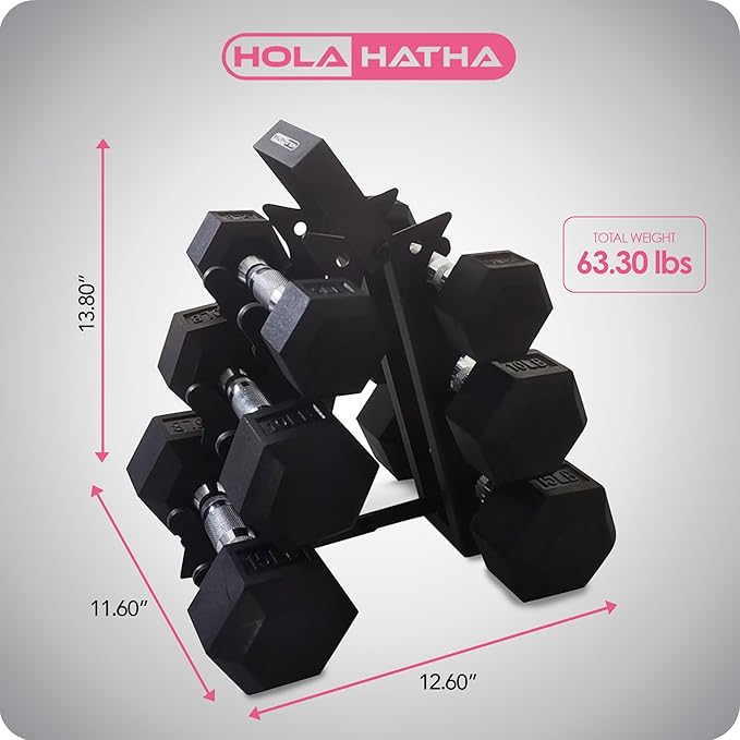 HolaHatha Hexagonal Dumbbell Weights Set, Home Gym Equipment Set, Portable Weighted Exercise Dumbbells for Fitness, Training, and Lifting Workouts