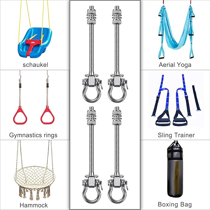 SELEWARE Heavy Duty Bearing Swing Hangers, 4 Pack Stainless Steel Swing Hooks for Wood and Steel Beam, Swing Hardware for Hammock, Yoga Swing, Porch Swing, Heavy Bag, 7" x M2/5", 1500LB Capacity
